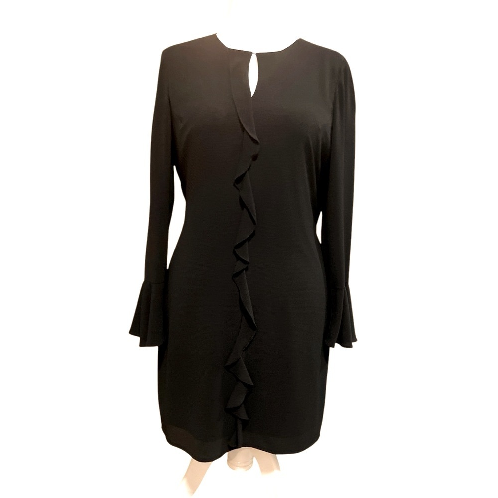 London Times Black Ruffle Crepe Shift Dress